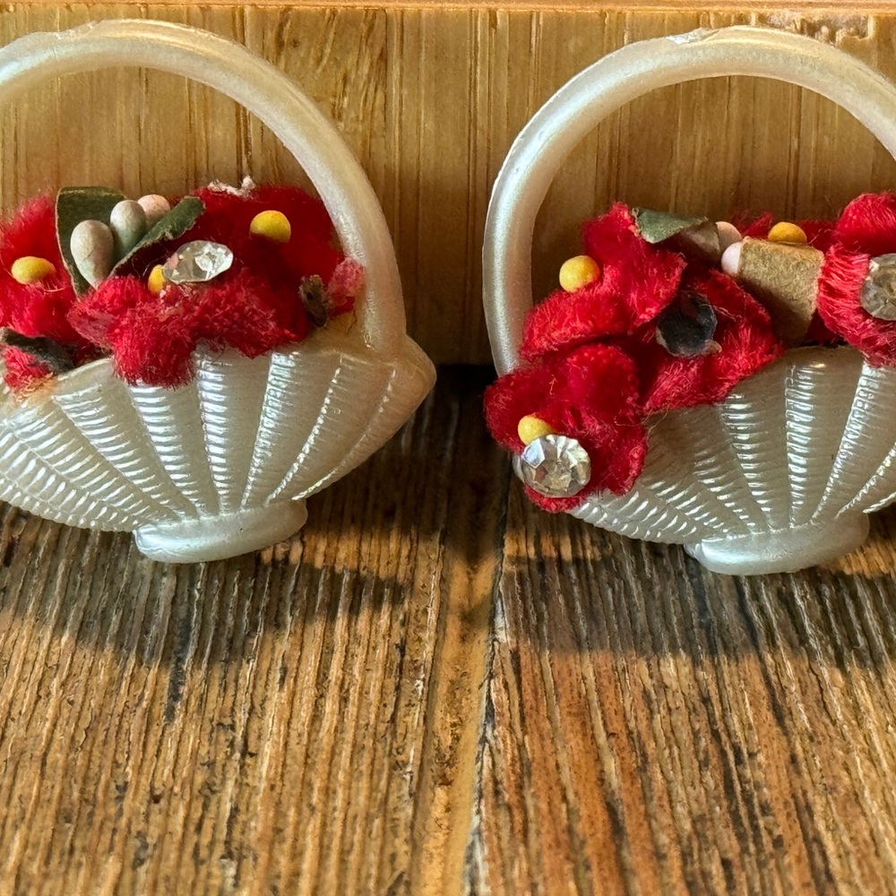 Vintage red rose poppy earrings celluloid clip on white flower basket bouquet